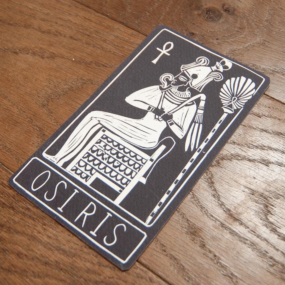 Osiris, Egyptian god of the dead | Goddess guidance oracle card, handmade linocut art, eco-friendly gifts.