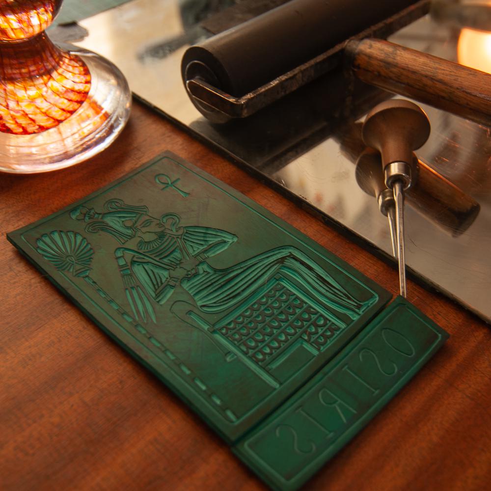 Osiris, Egyptian god of the dead | Goddess guidance oracle card, handmade linocut art, eco-friendly gifts.