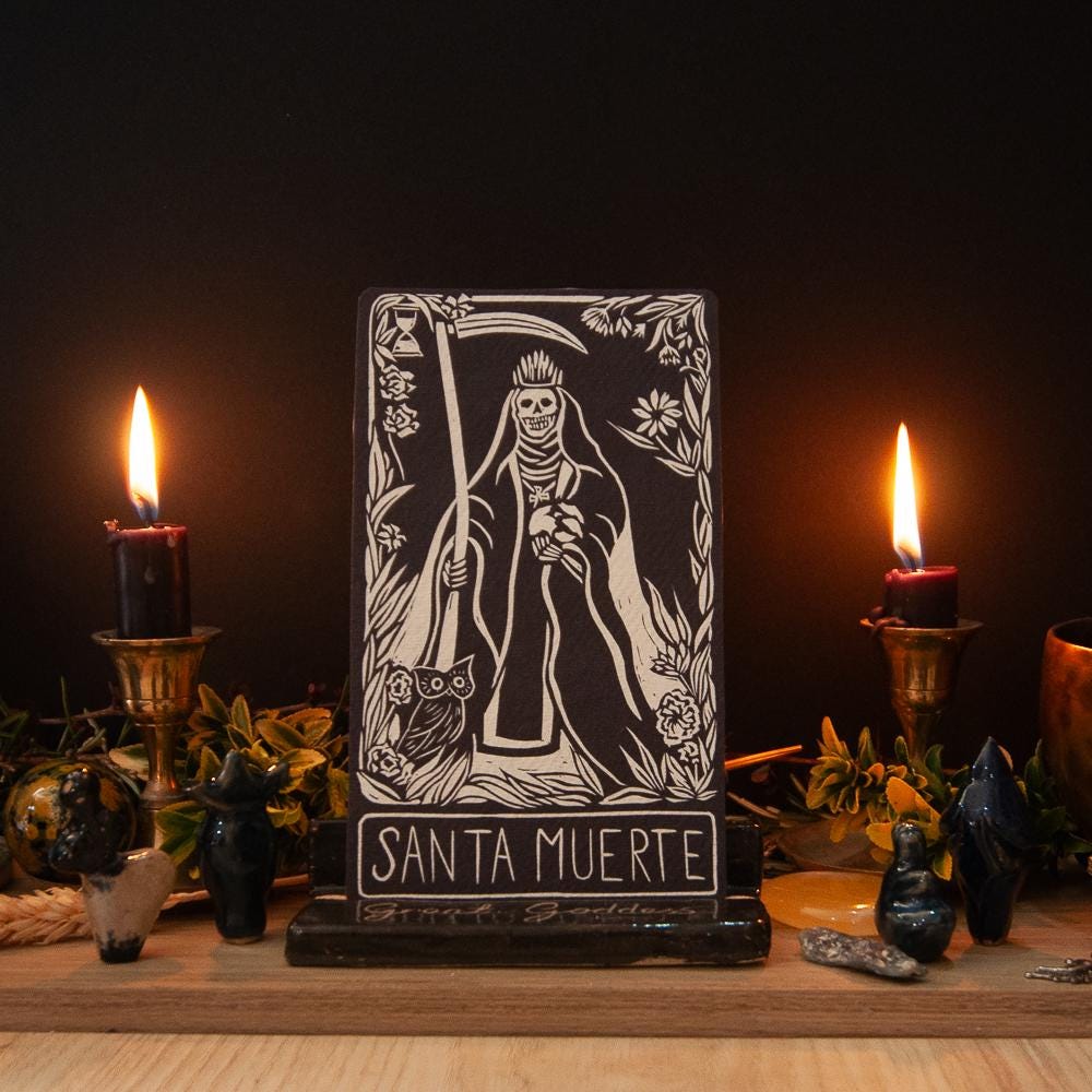 Santa Muerte Mexican folk saint | Goddess Oracle card with goddess guidance handmade linocut art,