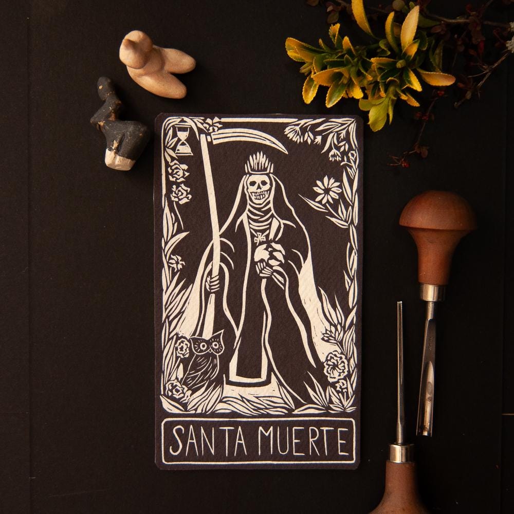 Santa Muerte Mexican folk saint | Goddess Oracle card with goddess guidance handmade linocut art,