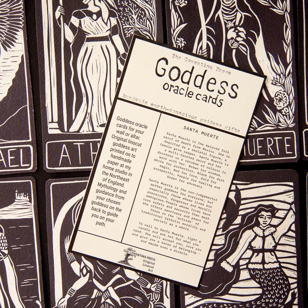Santa Muerte Mexican folk saint | Goddess Oracle card with goddess guidance handmade linocut art,