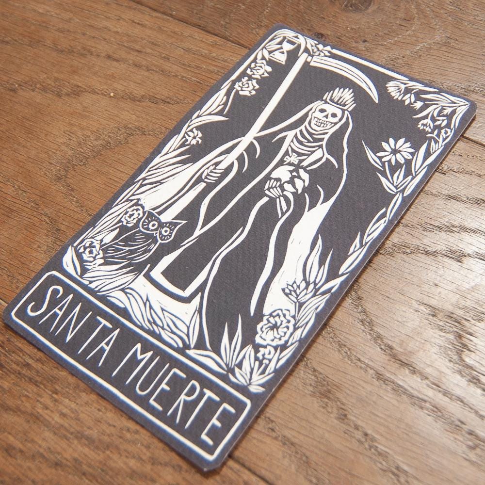 Santa Muerte Mexican folk saint | Goddess Oracle card with goddess guidance handmade linocut art,