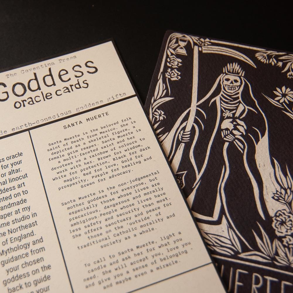 Santa Muerte Mexican folk saint | Goddess Oracle card with goddess guidance handmade linocut art,