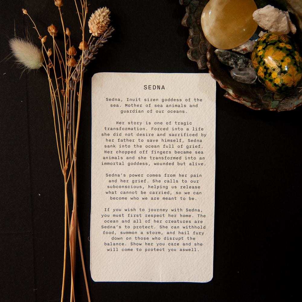 Goddess Sedna oracle altar card | Inuit Goddess handmade linocut art, eco-friendly gifts.