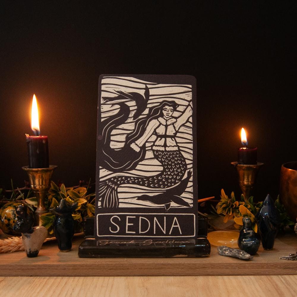 Goddess Sedna oracle altar card | Inuit Goddess handmade linocut art, eco-friendly gifts.