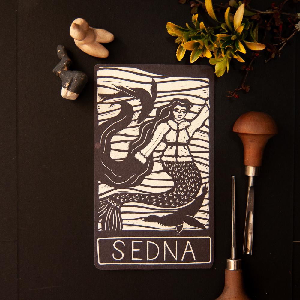 Goddess Sedna oracle altar card | Inuit Goddess handmade linocut art, eco-friendly gifts.