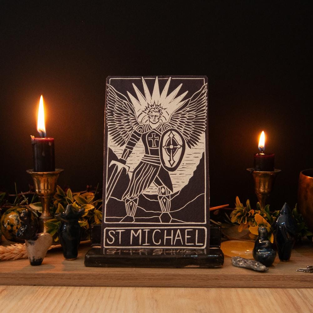 St Michael Divine Masculine oracle altar card handmade linocut art, eco-friendly gifts.