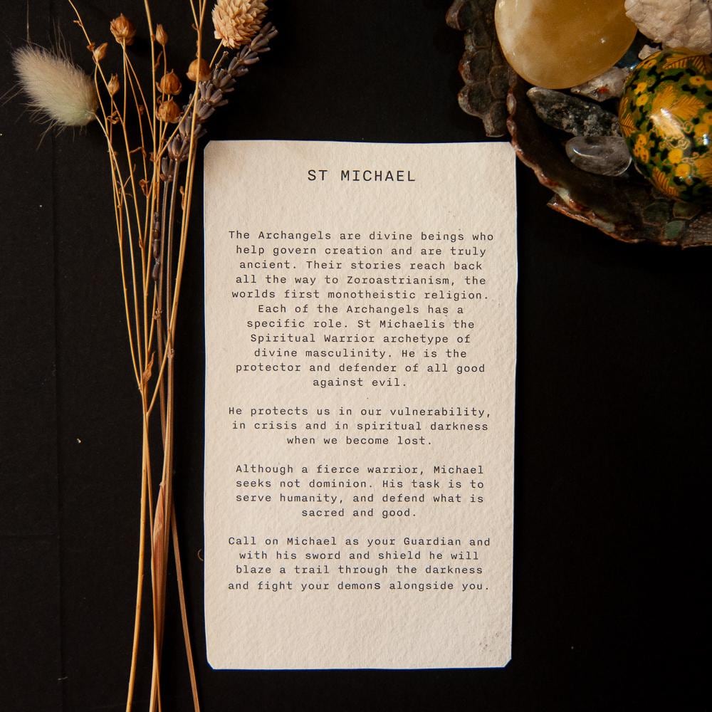 St Michael Divine Masculine oracle altar card handmade linocut art, eco-friendly gifts.