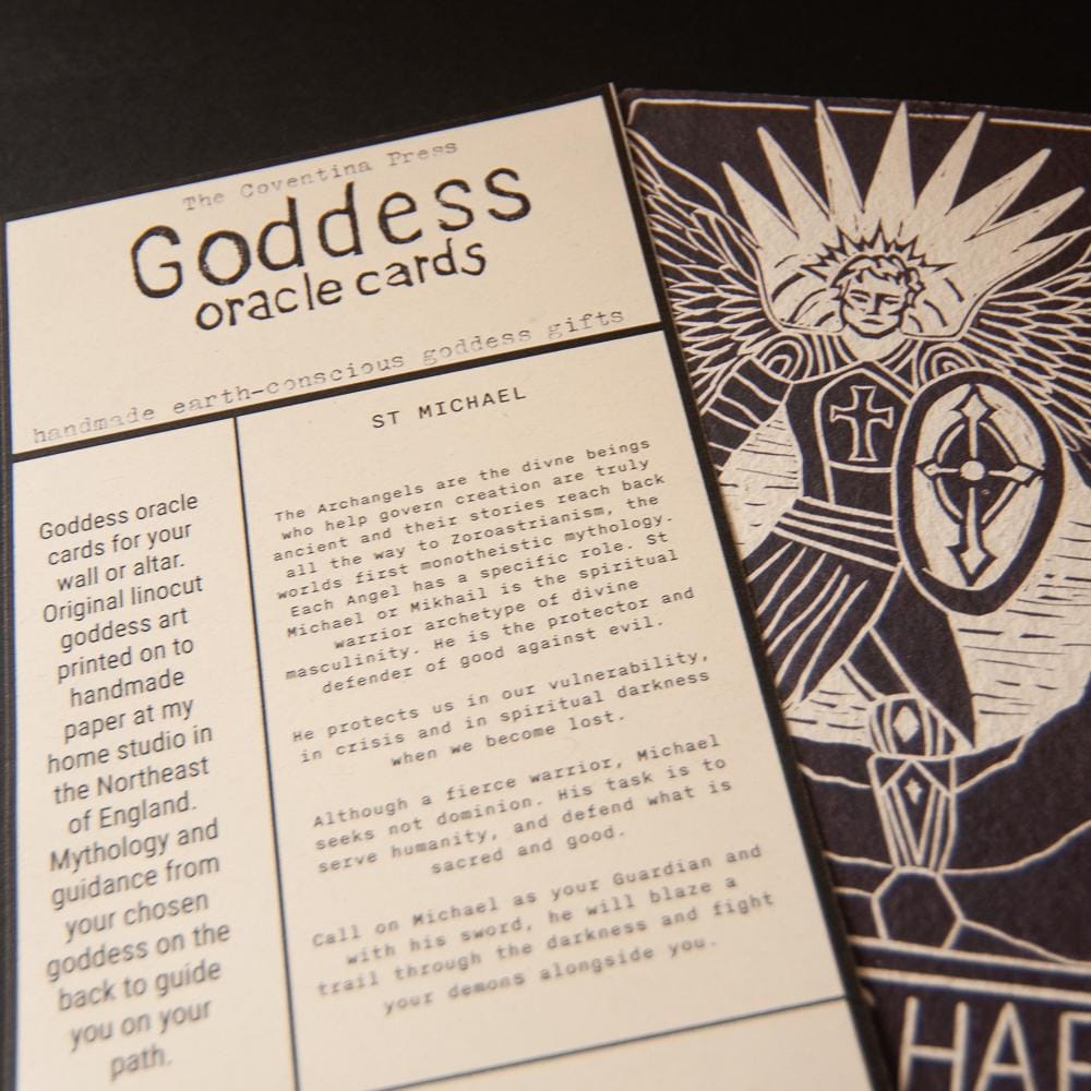 St Michael Divine Masculine oracle altar card handmade linocut art, eco-friendly gifts.
