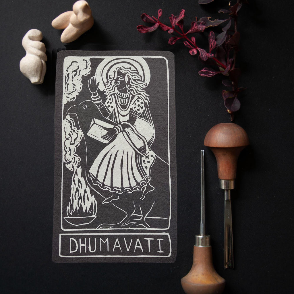 Dhumavati Oracle card | Hindu Mahavidya, The smokey one. Linocut design