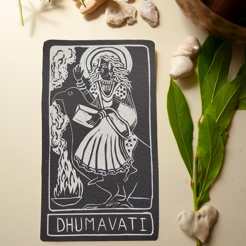 Dhumavati Oracle card | Hindu Mahavidya, The smokey one. Linocut design