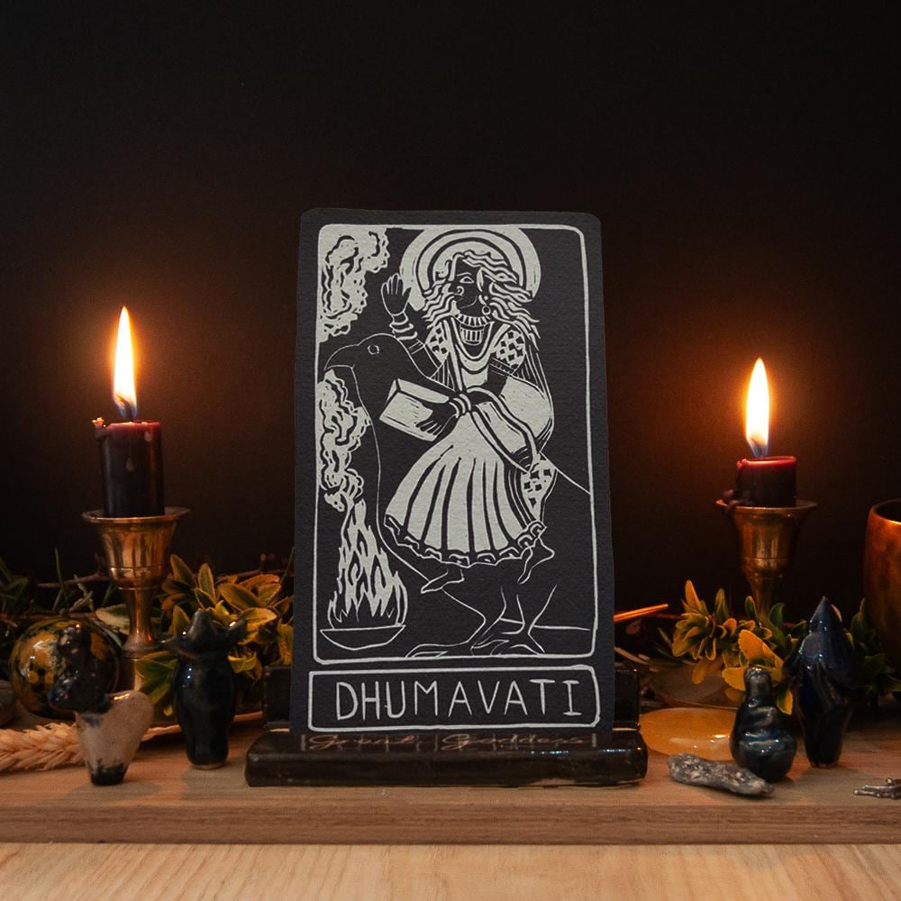 Dhumavati Oracle card | Hindu Mahavidya, The smokey one. Linocut design