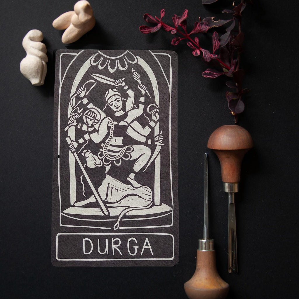 Durga altar card | Goddess oracle card | handmade linocut design, eco-friendly gifts.
