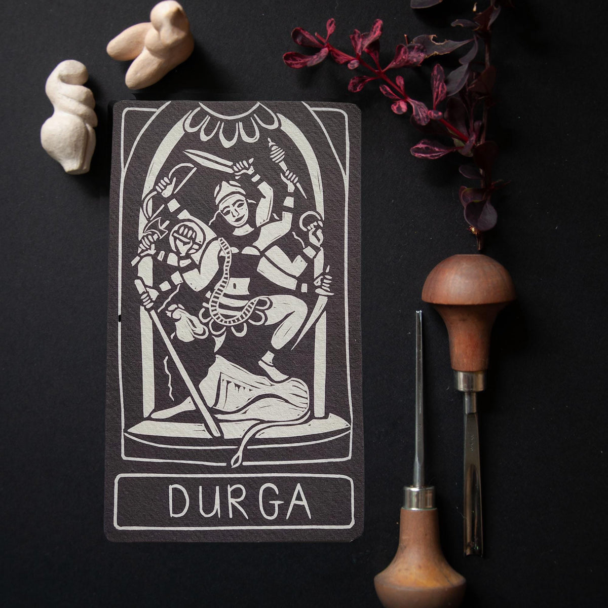 Durga altar card | Goddess oracle card | handmade linocut design, eco-friendly gifts.