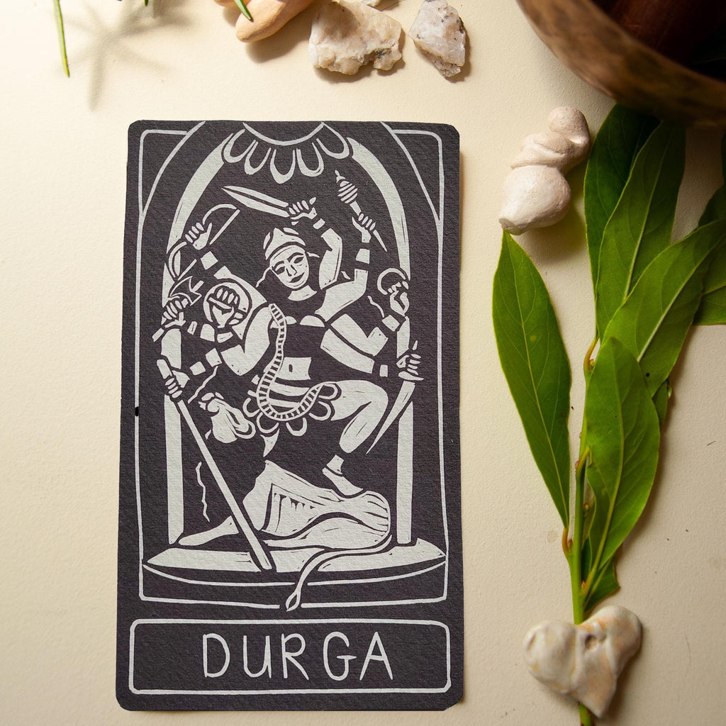 Durga altar card | Goddess oracle card | handmade linocut design, eco-friendly gifts.