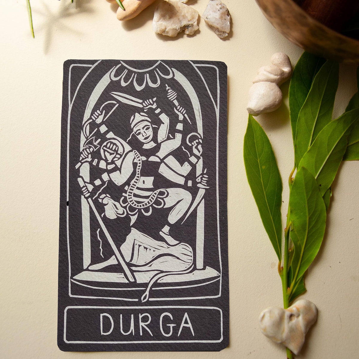 Durga altar card | Goddess oracle card | handmade linocut design, eco-friendly gifts.