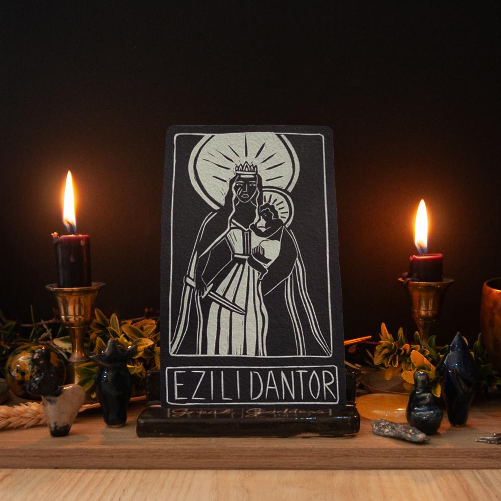 Elizi Dantor altar card | Goddess oracle card | handmade linocut design, eco-friendly gifts.