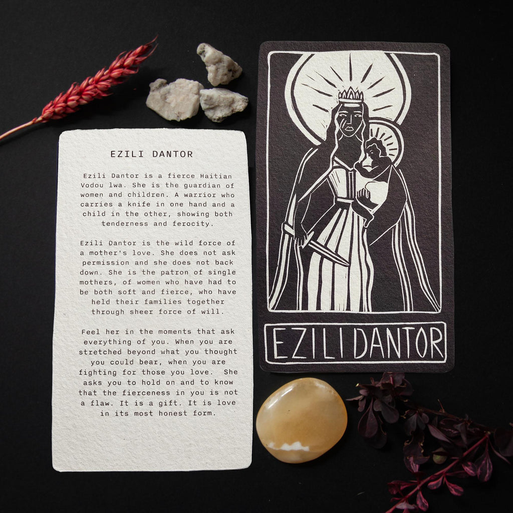 Elizi Dantor altar card | Goddess oracle card | handmade linocut design, eco-friendly gifts.
