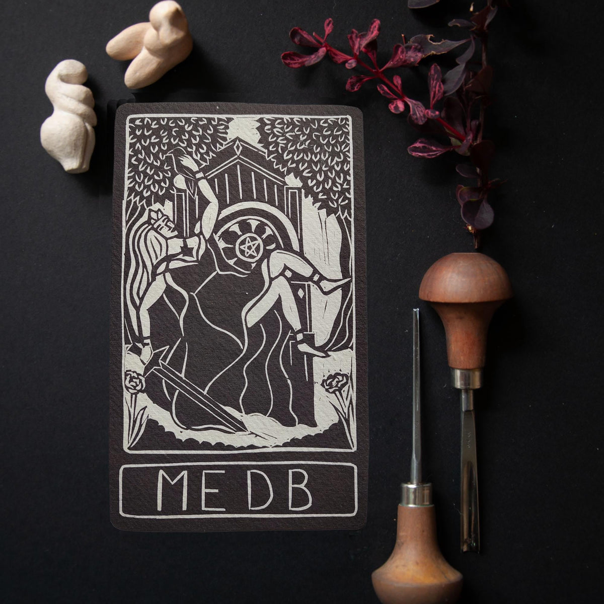 Medb altar card | Goddess oracle card | handmade linocut design, eco-friendly gifts.