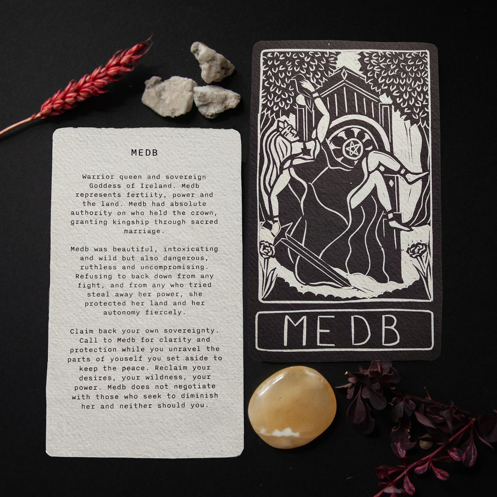 Medb altar card | Goddess oracle card | handmade linocut design, eco-friendly gifts.