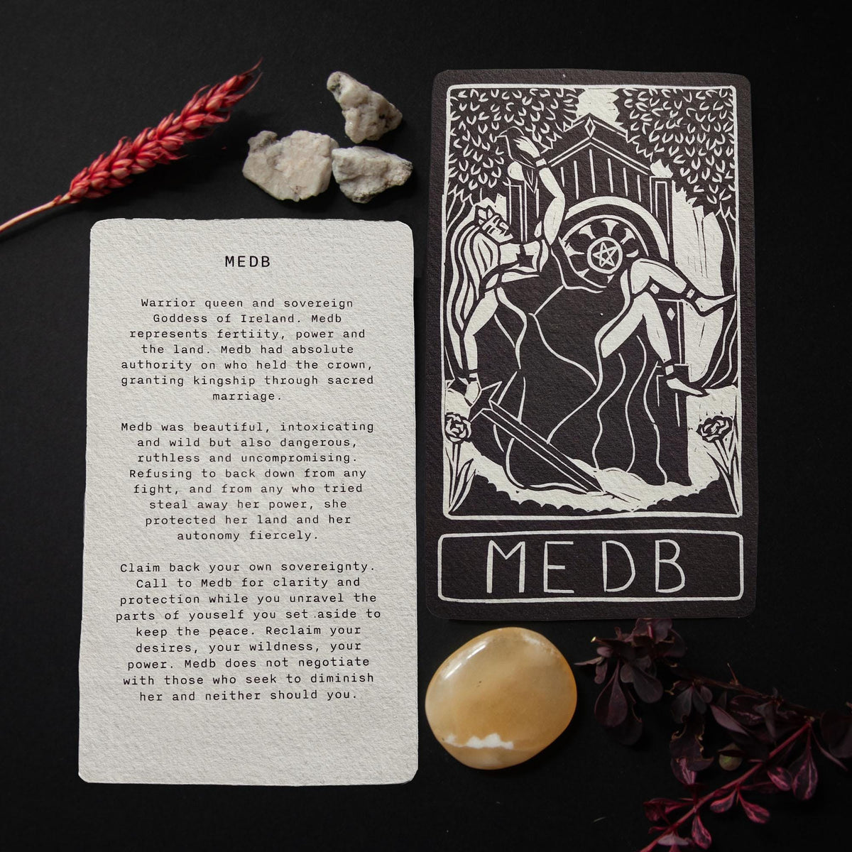 Medb altar card | Goddess oracle card | handmade linocut design, eco-friendly gifts.