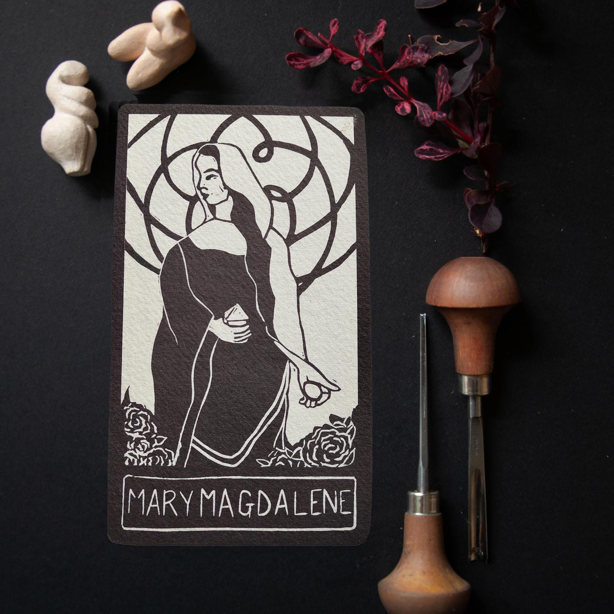 Mary Magdalene Oracle Card - Handmade Linocut design, altar art.