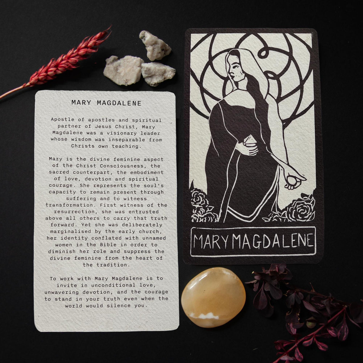 Mary Magdalene Oracle Card - Handmade Linocut design, altar art.