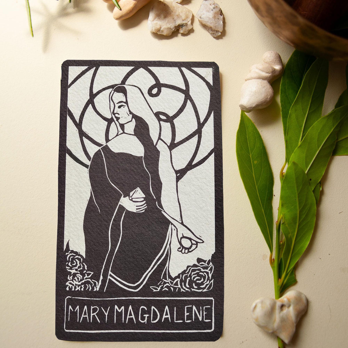 Mary Magdalene Oracle Card - Handmade Linocut design, altar art.