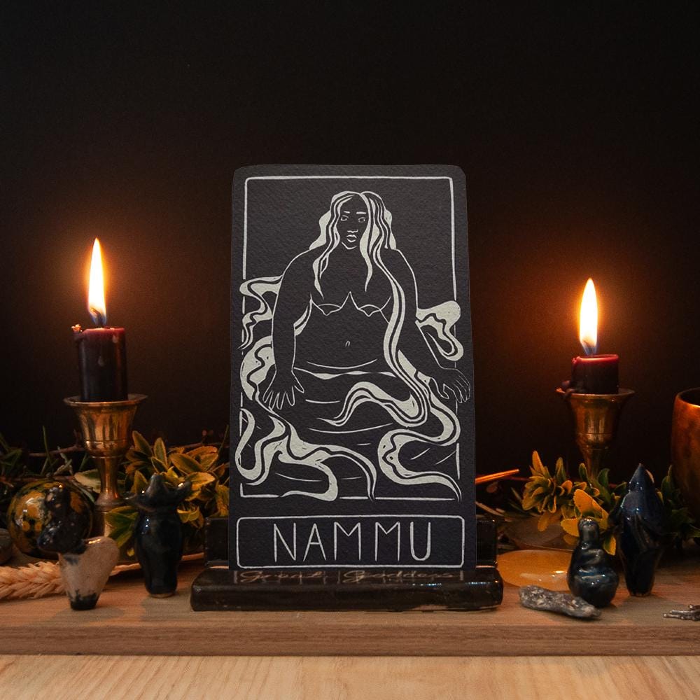 Nammu altar card | Goddess oracle card | handmade linocut design, eco-friendly gifts.