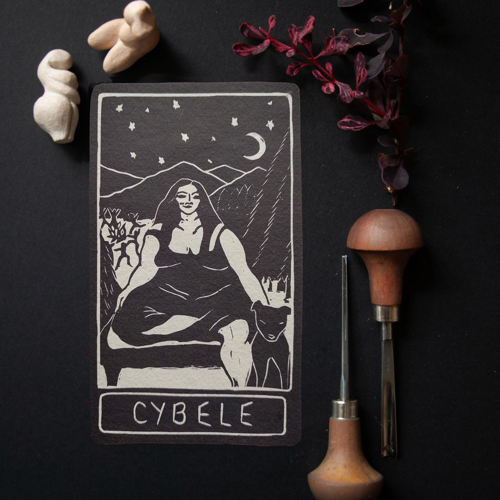 Cybele Goddess | oracle card with goddess guidance handmade linocut design.