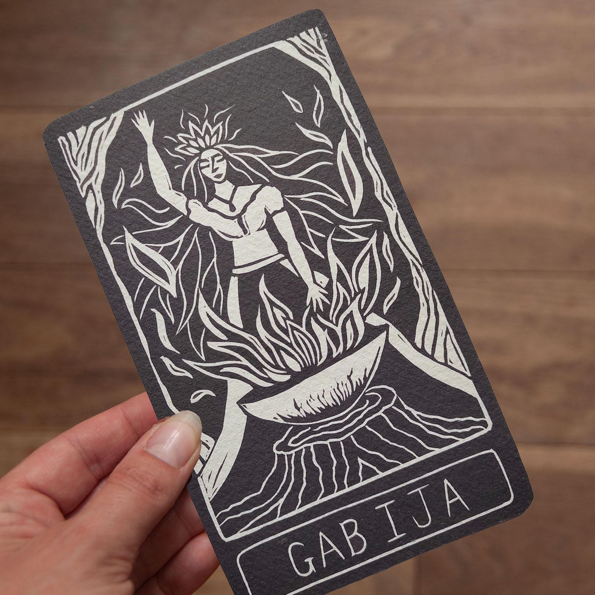 Gabija Goddess altar oracle card | Handmade, linocut design.