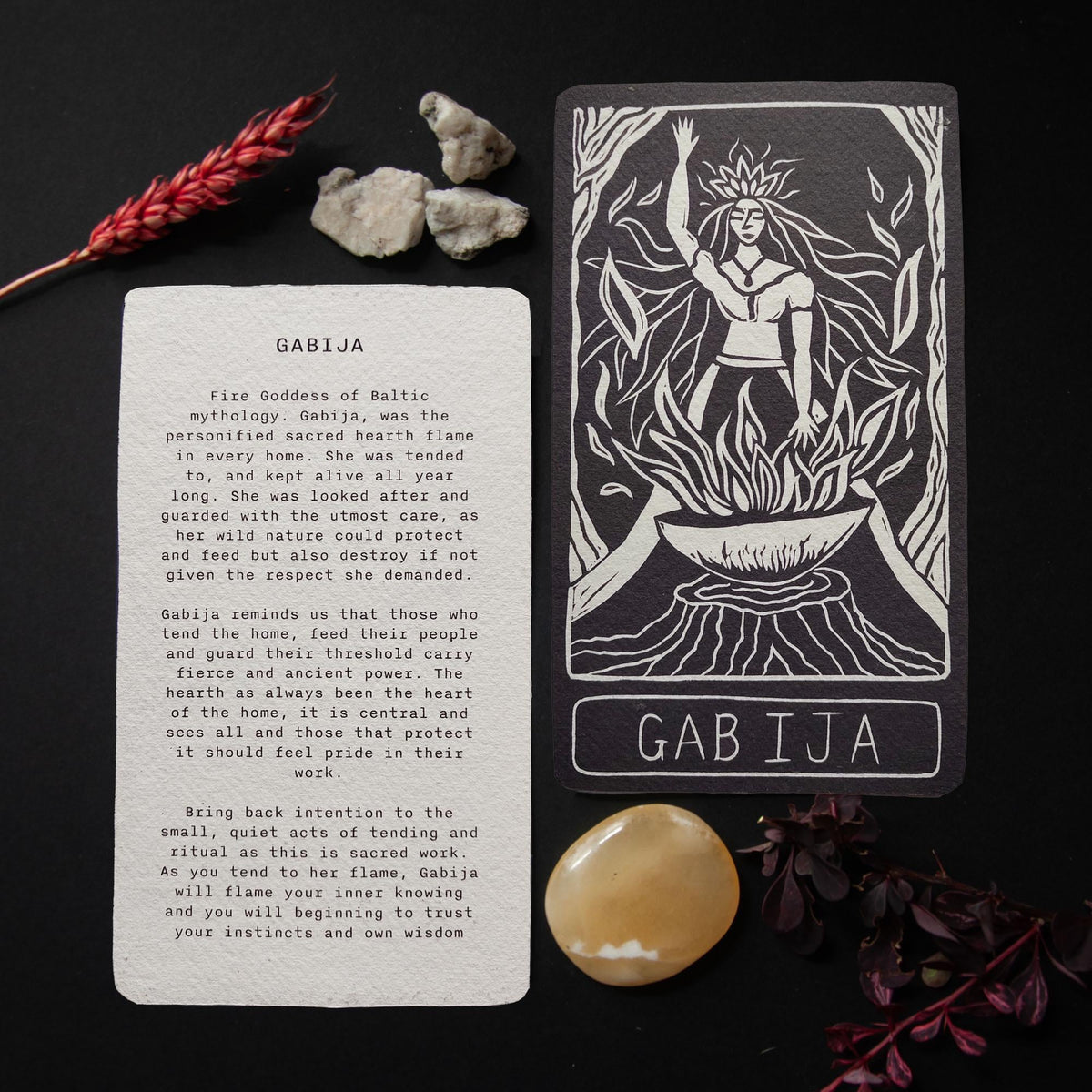 Gabija Goddess altar oracle card | Handmade, linocut design.