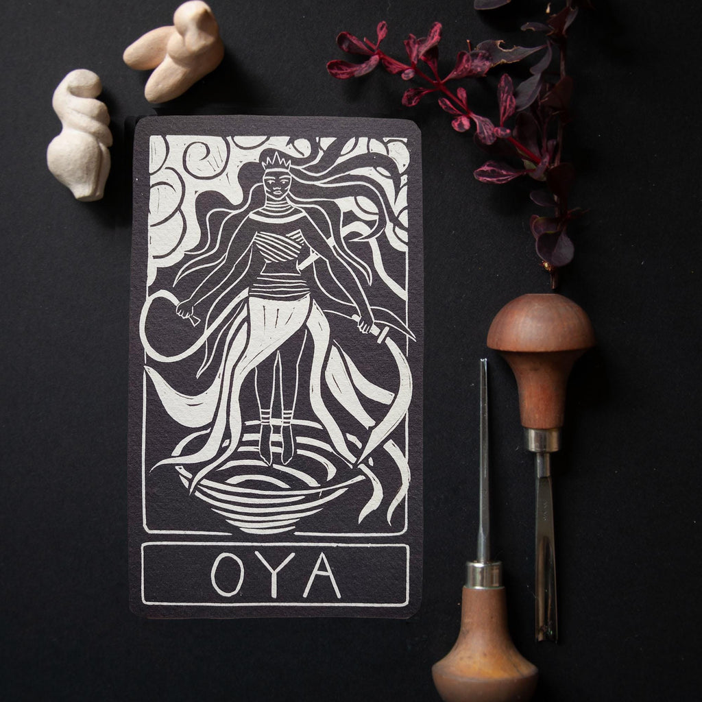 Oya Orisha Oracle Card | Linocut art design, Altar Card