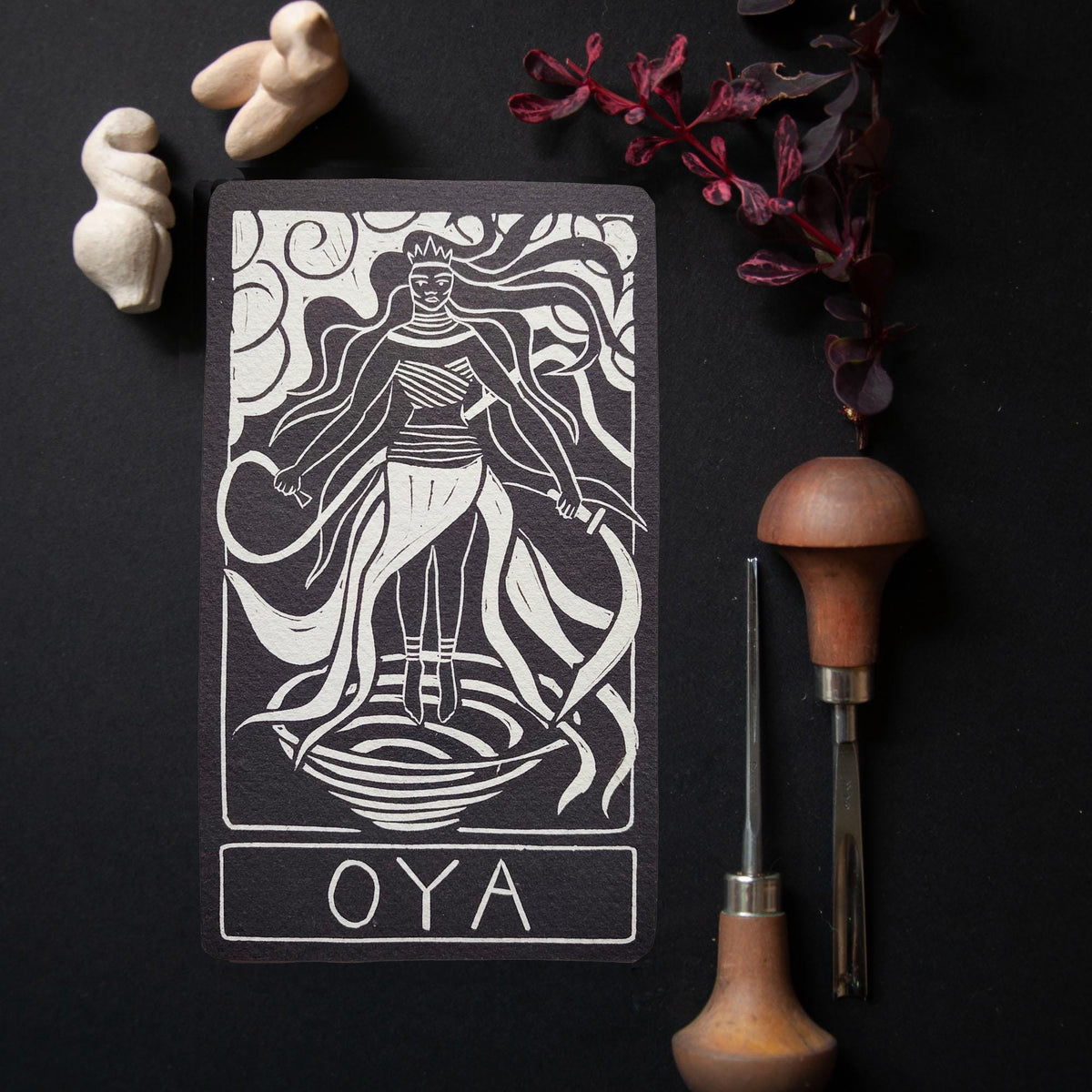 Oya Orisha Oracle Card | Linocut art design, Altar Card