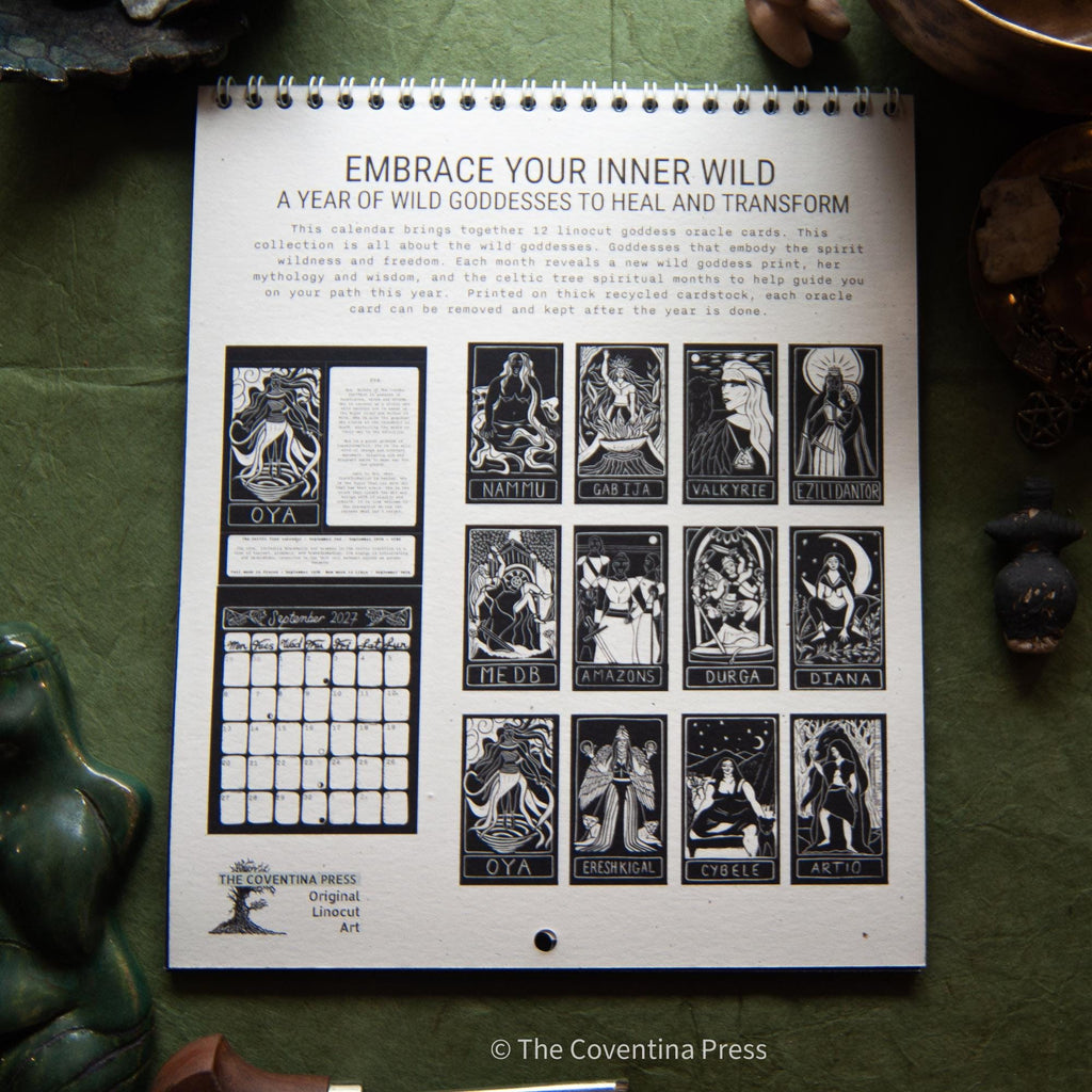 Wyld Women Calendar 2027, NEW RELEASE! - Original linocut art with goddess guidance and cut out oracle cards.