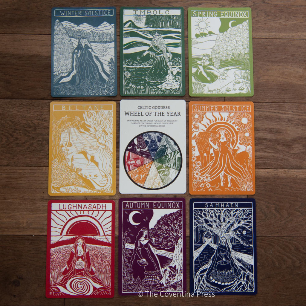 Celtic Goddess Wheel of the Year | 8 Sabbat Altar Cards | Linocut design