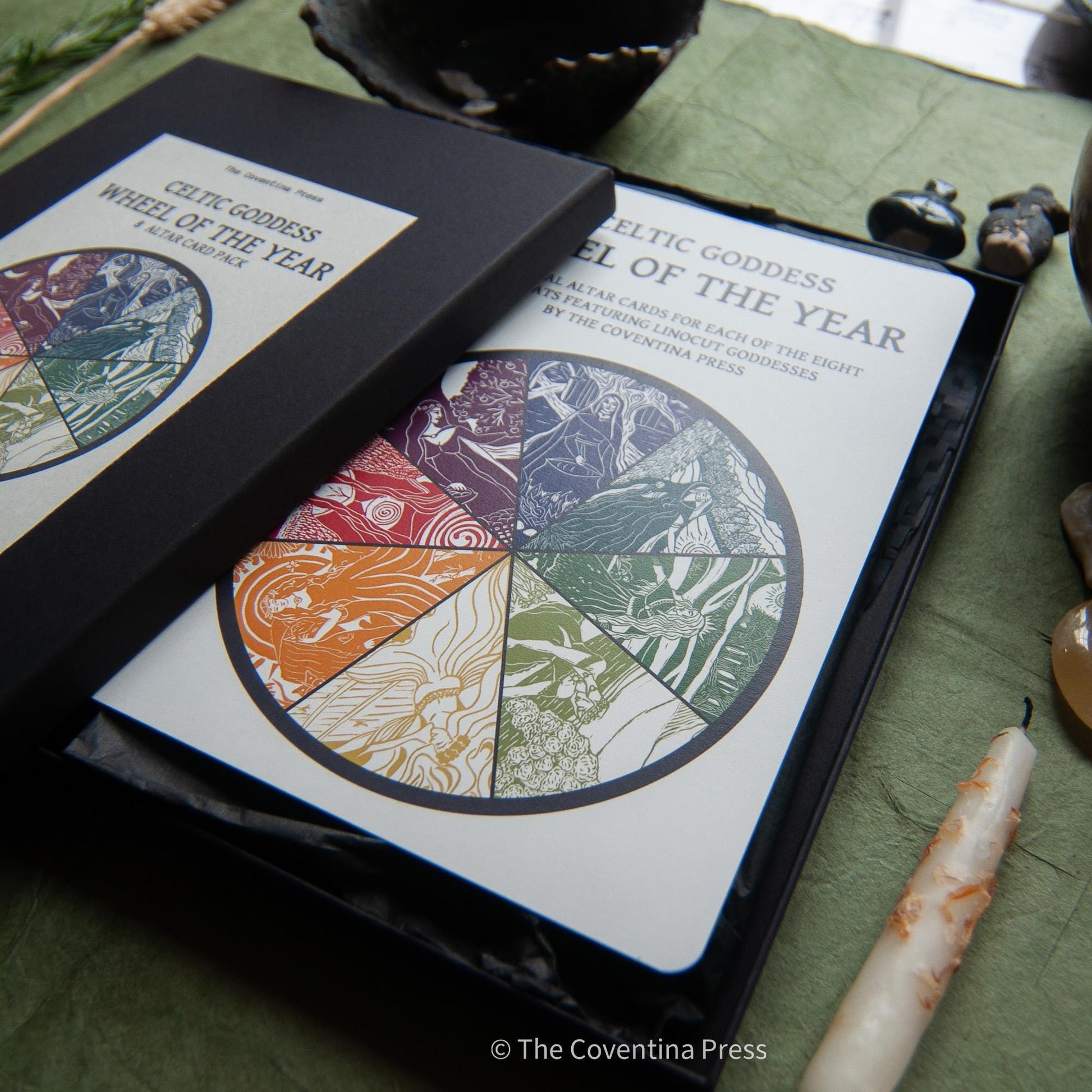 Celtic Goddess Wheel of the Year | 8 Sabbat Altar Cards | Linocut design