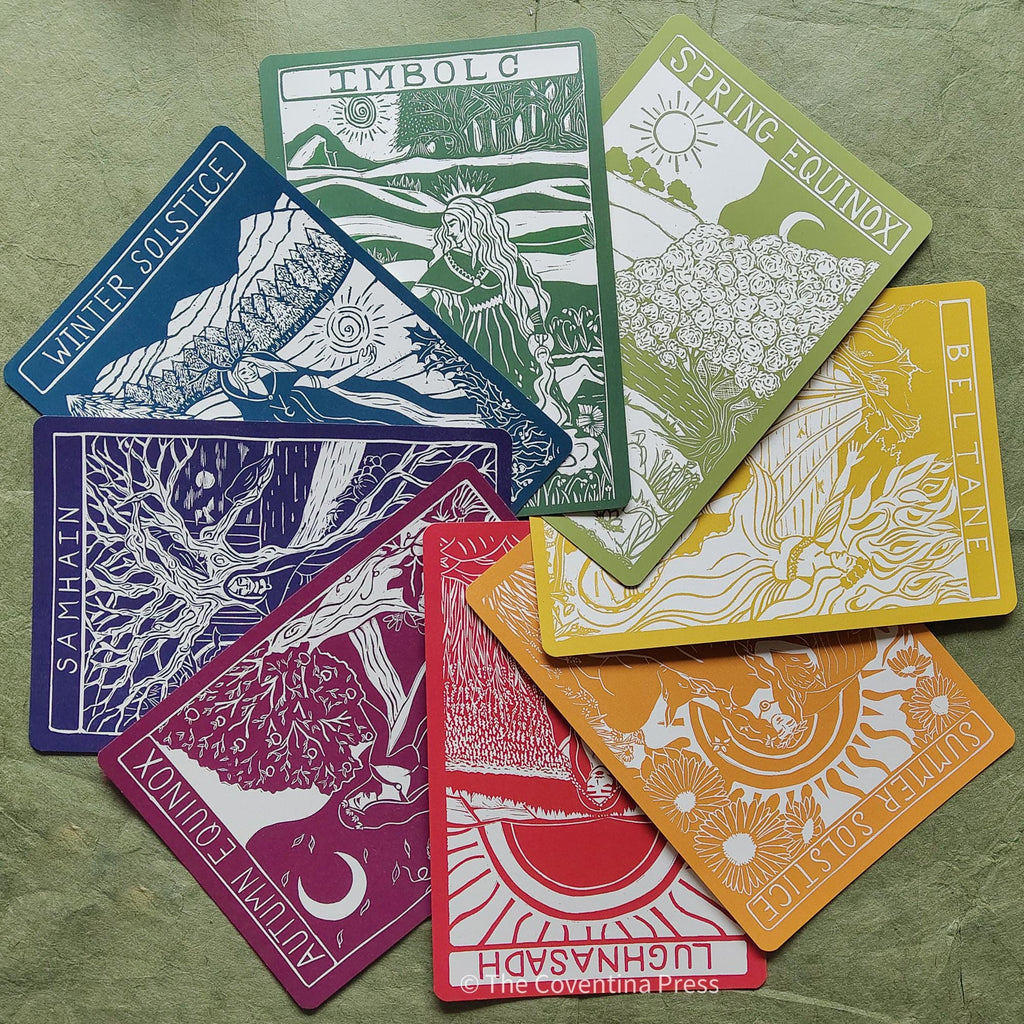 Celtic Goddess Wheel of the Year | 8 Sabbat Altar Cards | Linocut design