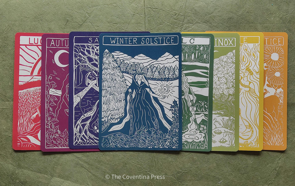 Celtic Goddess Wheel of the Year | 8 Sabbat Altar Cards | Linocut design