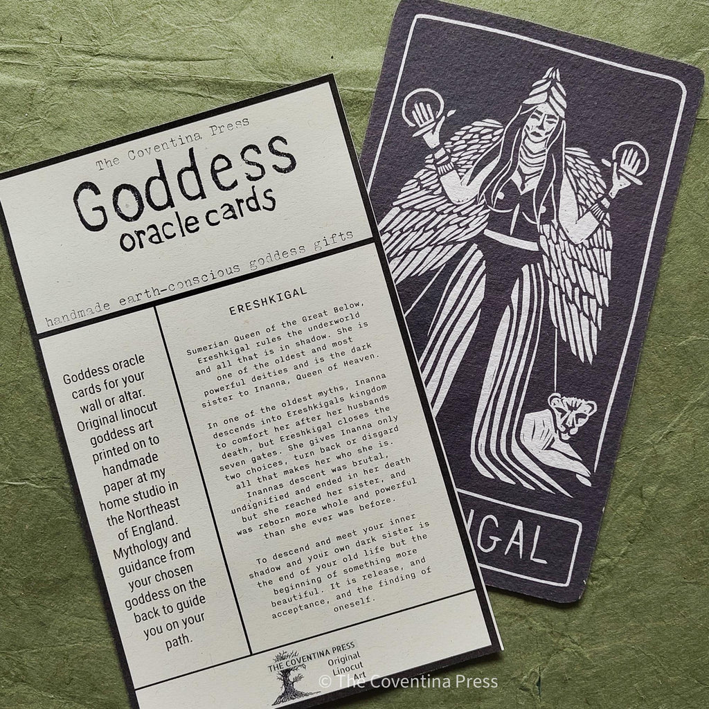 Ereshkigal Goddess | oracle card with goddess guidance handmade linocut design.