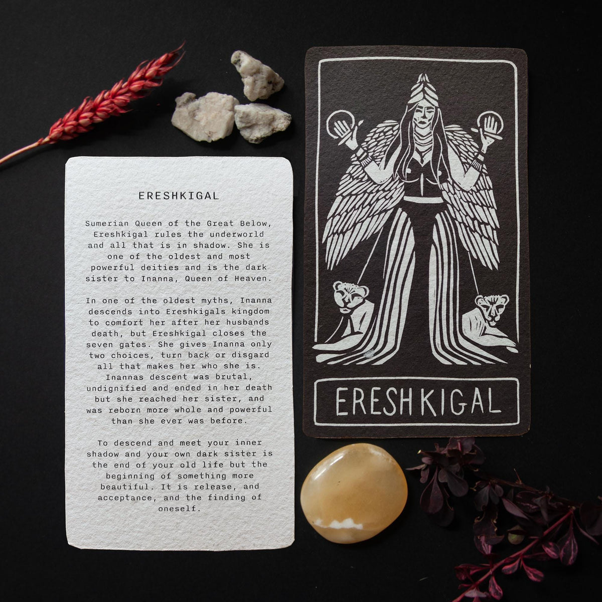 Ereshkigal Goddess | oracle card with goddess guidance handmade linocut design.