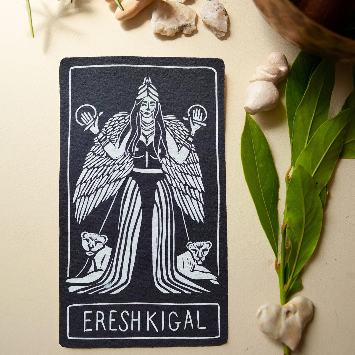Ereshkigal Goddess | oracle card with goddess guidance handmade linocut design.