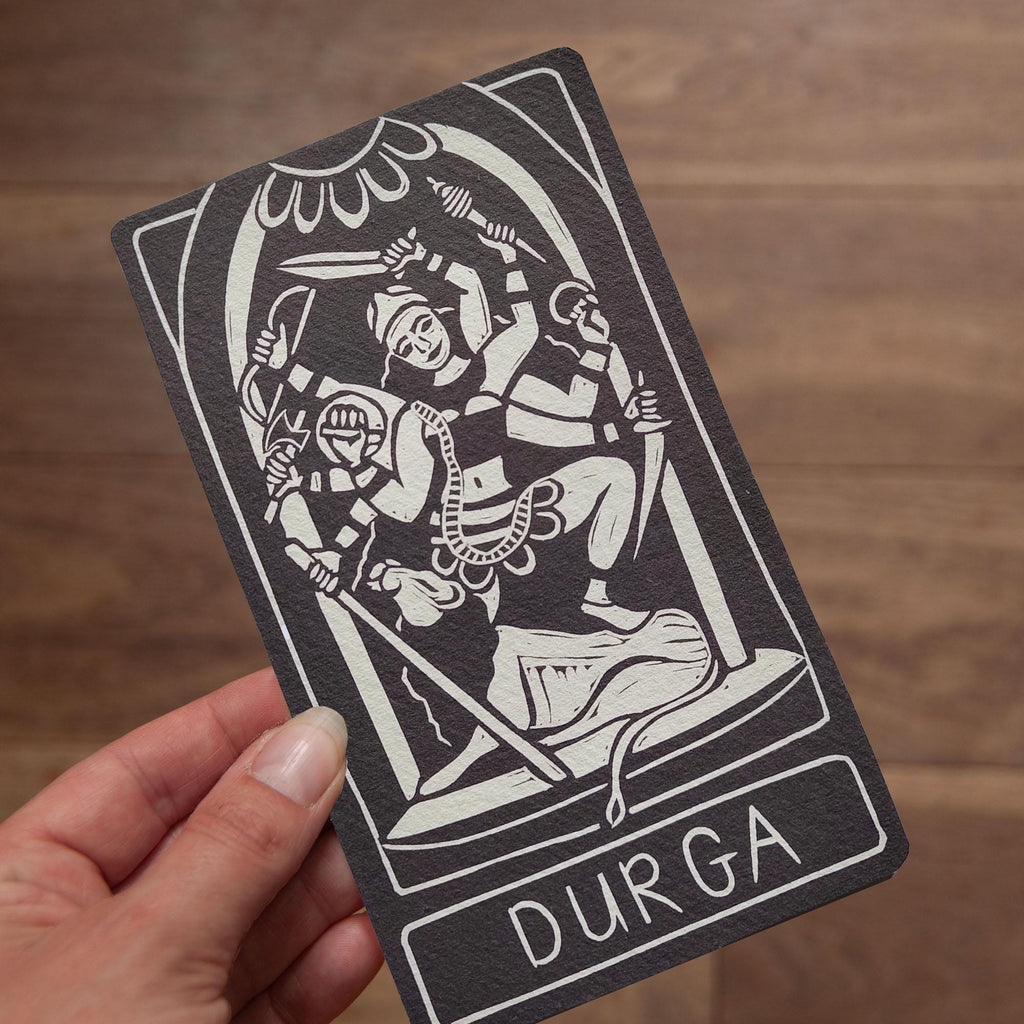 Durga altar card | Goddess oracle card | handmade linocut design, eco-friendly gifts.
