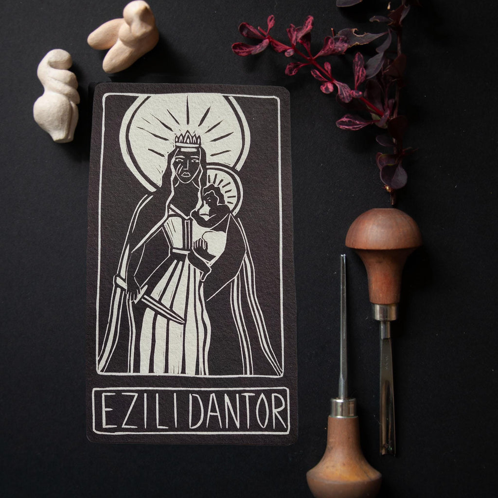Elizi Dantor altar card | Goddess oracle card | handmade linocut design, eco-friendly gifts.