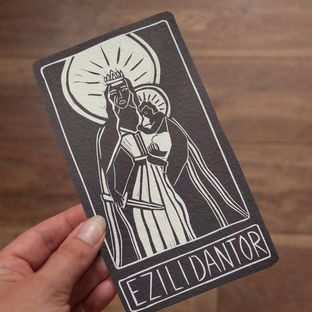 Elizi Dantor altar card | Goddess oracle card | handmade linocut design, eco-friendly gifts.