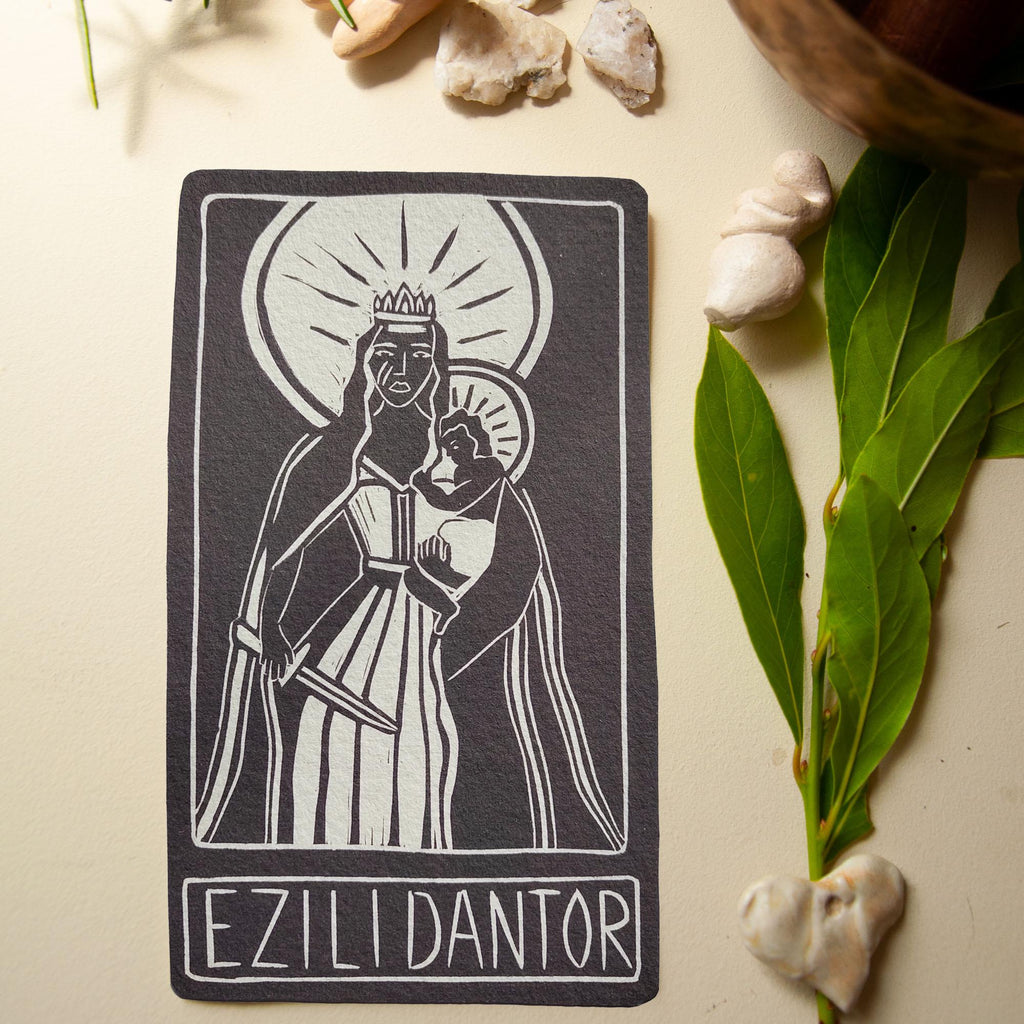 Elizi Dantor altar card | Goddess oracle card | handmade linocut design, eco-friendly gifts.