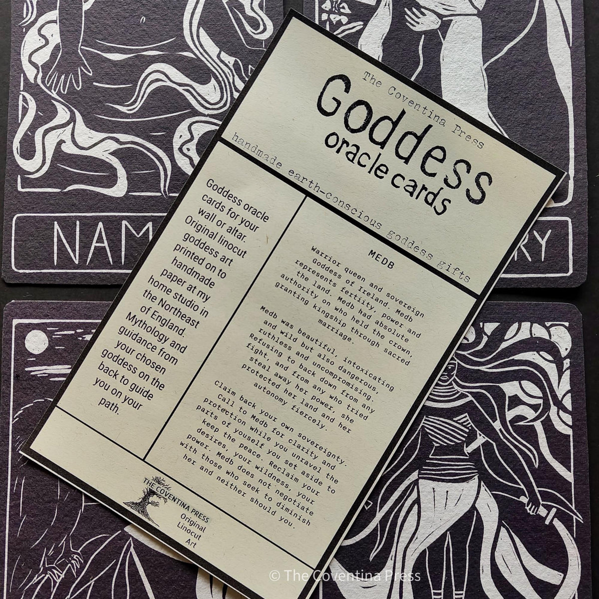 Medb altar card | Goddess oracle card | handmade linocut design, eco-friendly gifts.