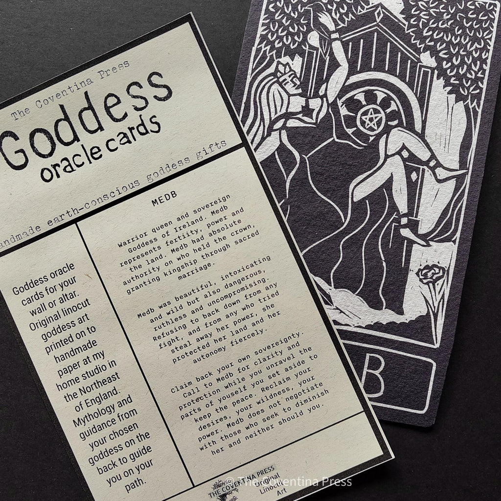 Medb altar card | Goddess oracle card | handmade linocut design, eco-friendly gifts.