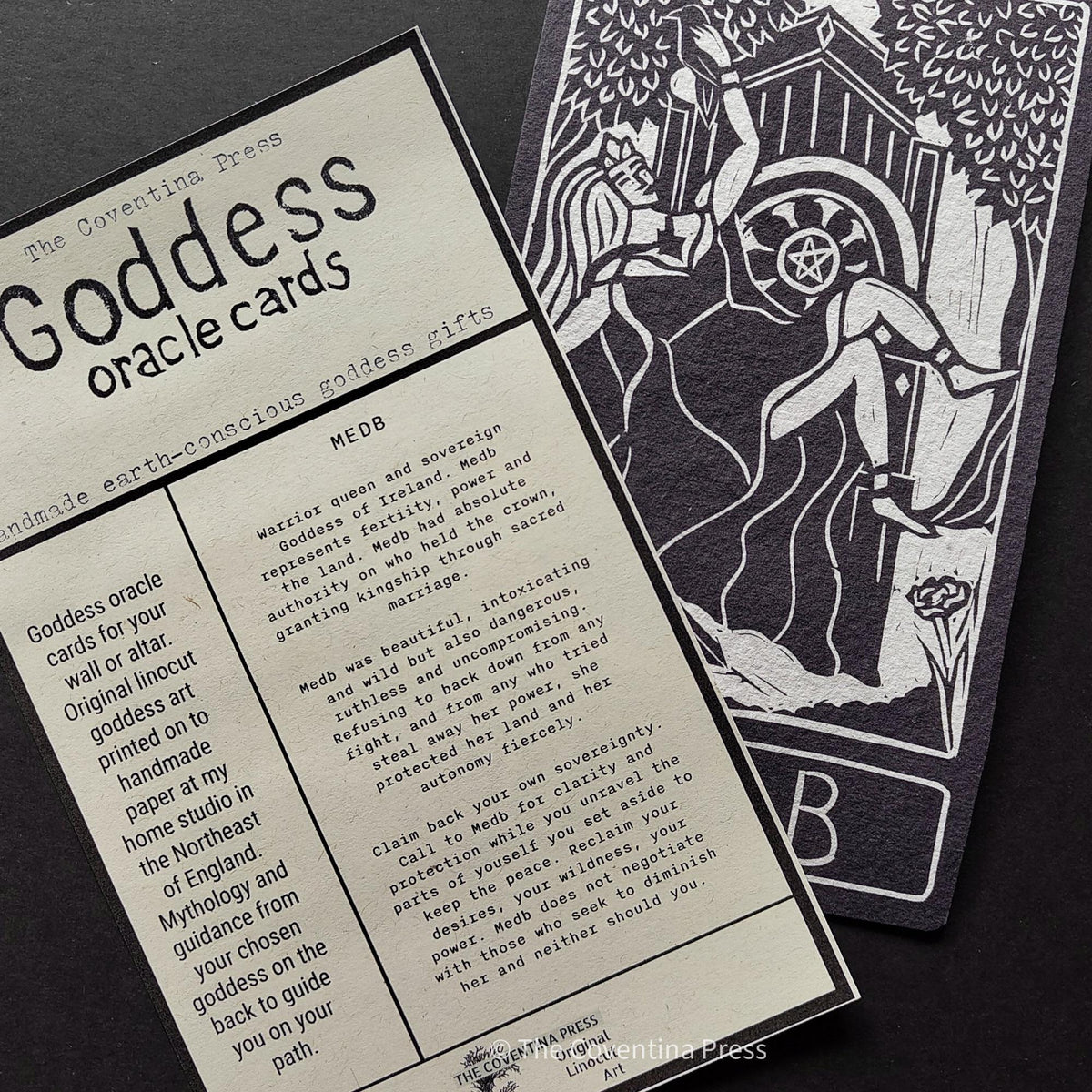 Medb altar card | Goddess oracle card | handmade linocut design, eco-friendly gifts.