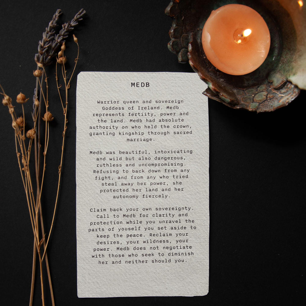 Medb altar card | Goddess oracle card | handmade linocut design, eco-friendly gifts.